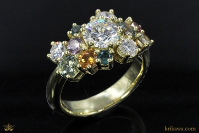 Wildflower Cluster Engagement Ring in 18k Green Gold with diamonds and sapphires