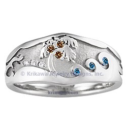 Palm Tree Beach Wedding Ring with Champagne, Vivid Blue and White Diamonds